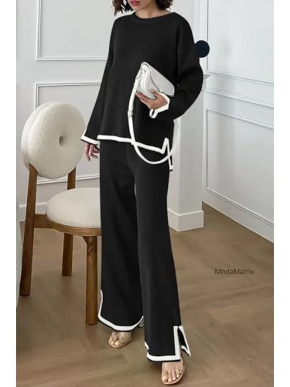 Women's 2 Piece Knit Sweater Set Long Sleeve Pullover High Waist Wide Leg Pants